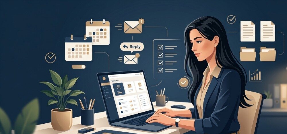 Una mujer trabajando en línea con una laptop, estilo animado.