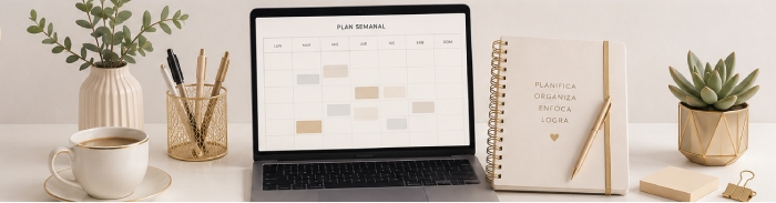 Florero, taza con café, lapicero con plumas, agenda, un clip y una laptop sobre una mesa fondo beige.