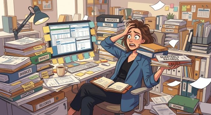Imagen ilustrada de una mujer desesperada por tener mucho trabajo.