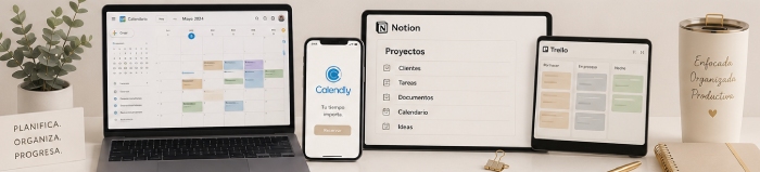 Herramientas que pueden ayudarte a organizar tu agenda, una Laptop con calendario digital
Notion
Calendly
Google Calendar
Smartphone
Estilo limpio y profesional