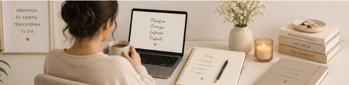 Emprendedora trabajando tranquila
con su Agenda organizada, Laptop
en un Ambiente relajado.
