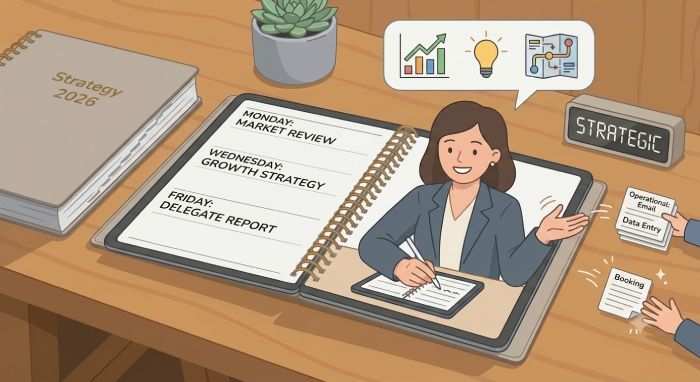 Imagen ilustrada de una mujer feliz con su tiempo bien organizado para hacer crecer su negocio