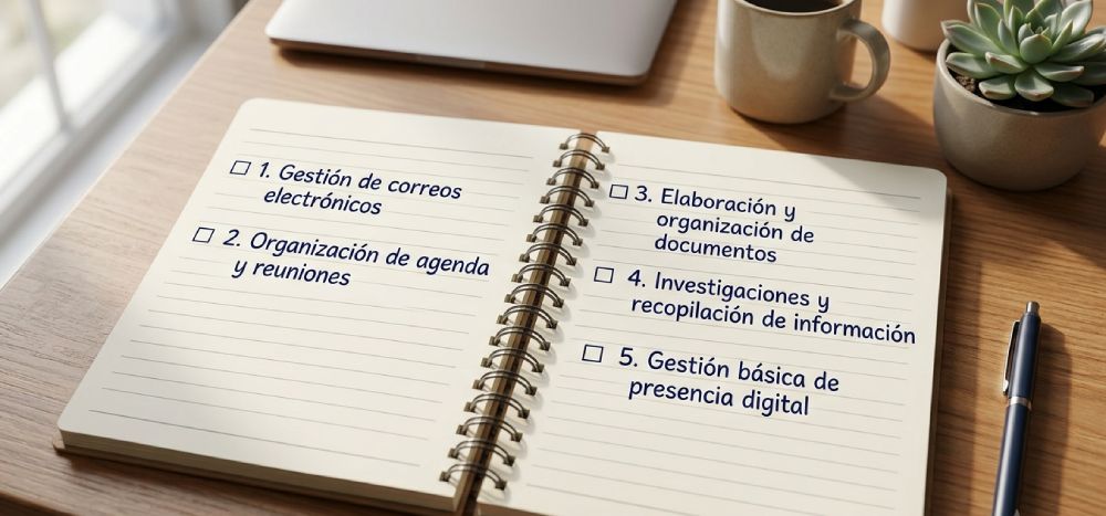 Una agenda sobre una mesa, la agenda est谩 abierta y viene escritas 5 tareas para delegar