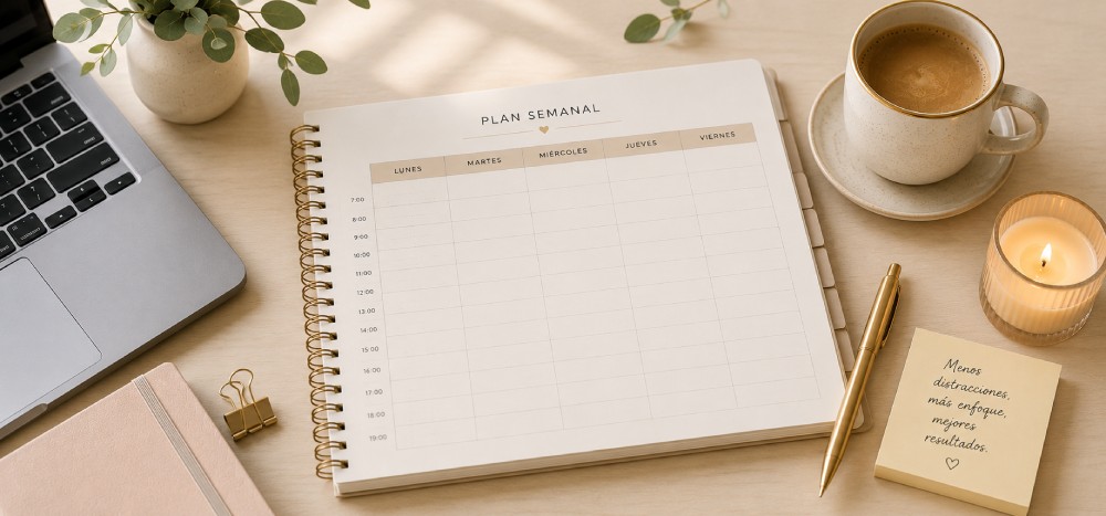 Un planificador semanal, una laptop, una taza de café sobre una mesa, todo se encuentra organizado.