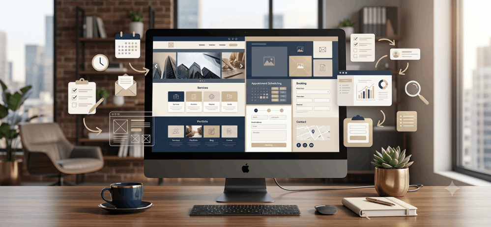 Computadora mac encendida, se puede ver que se está trabajando en hacer páginas web y calendarizar tareas.