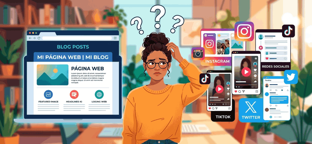 Una persona con expresión de duda y signos de interrogación sobre la cabeza se encuentra en el centro, dividida entre dos opciones para su presencia digital. A su izquierda destaca una **página web** organizada con diseño de blog, mientras que a su derecha flotan diversos elementos e iconos representativos de **redes sociales**. La escena refleja visualmente el dilema de elegir la mejor estrategia para un proyecto digital.